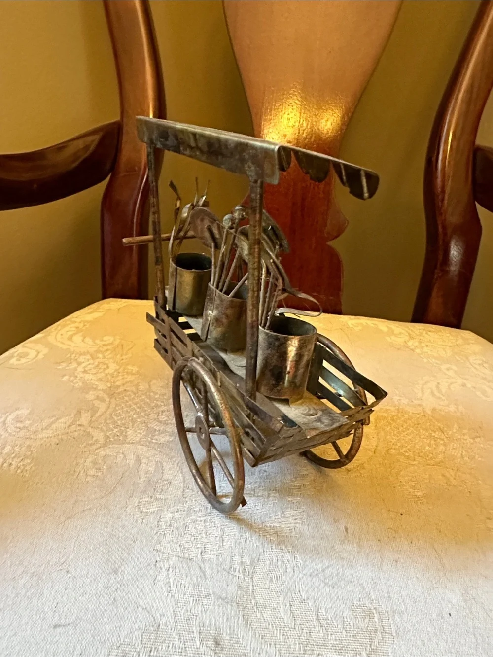 Vintage copper and brass 3D flower cart, wagon w/buckets of flowers